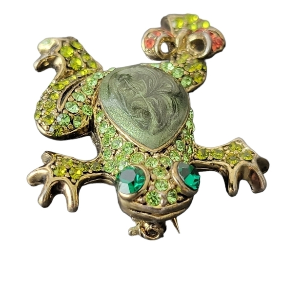 VINTAGE Gold Plated Rhinestone Green Frog Brooch - Picture 4 of 6